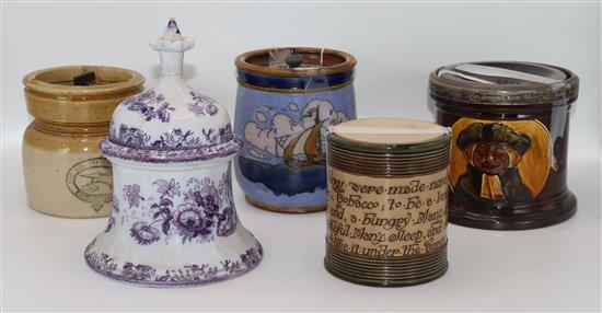Doulton Parson Brown presentation tobacco jar, silver-mounted and four other pottery jars (faults)